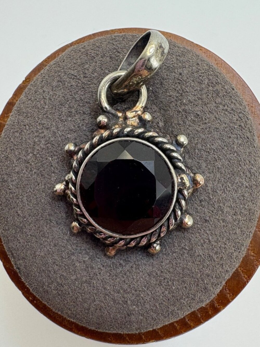Smoky Quartz Bezel Set Beaded Circle Pendant VTG Sterling Silver 925 Size 1"